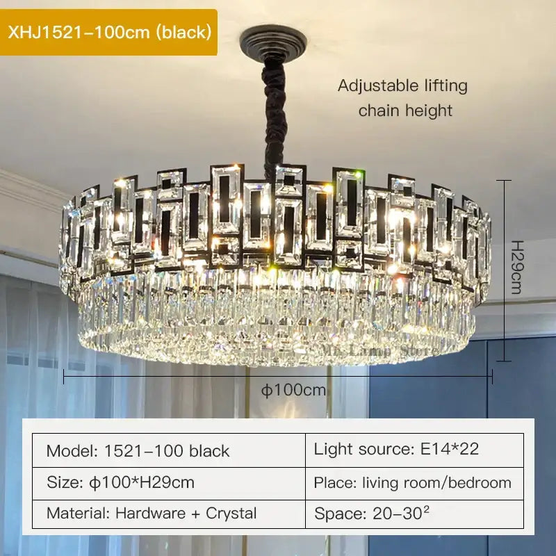 Black metal decorbites crystal chandelier with circular frame of rectangular and cascading clear crystal prisms