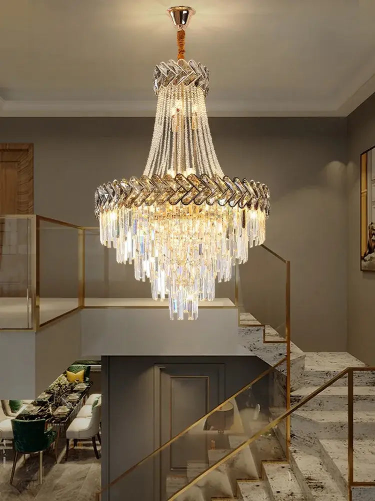 DecorBites crystal chandelier with gold-toned metal frame and clear glass prisms for luxury villa staircase lighting