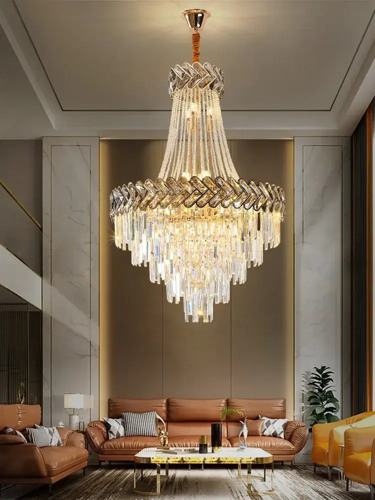 Decorbites crystal chandelier with gold frame and cascading clear glass prisms for modern european duplex living room