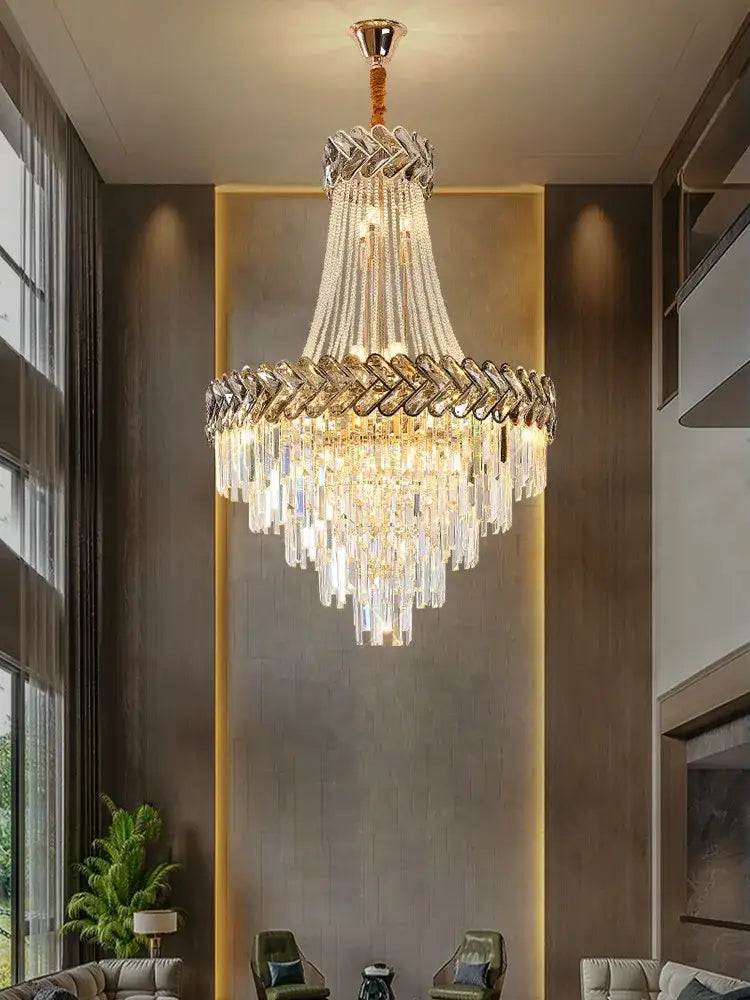 Decorbites crystal chandelier with a gold-toned frame and clear glass prisms for modern european villa stair lighting