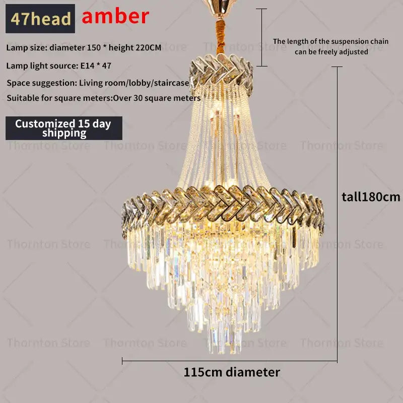 Decorbites crystal chandelier with 47 amber heads and golden frame featuring cascading crystal prisms for luxury stair lighting