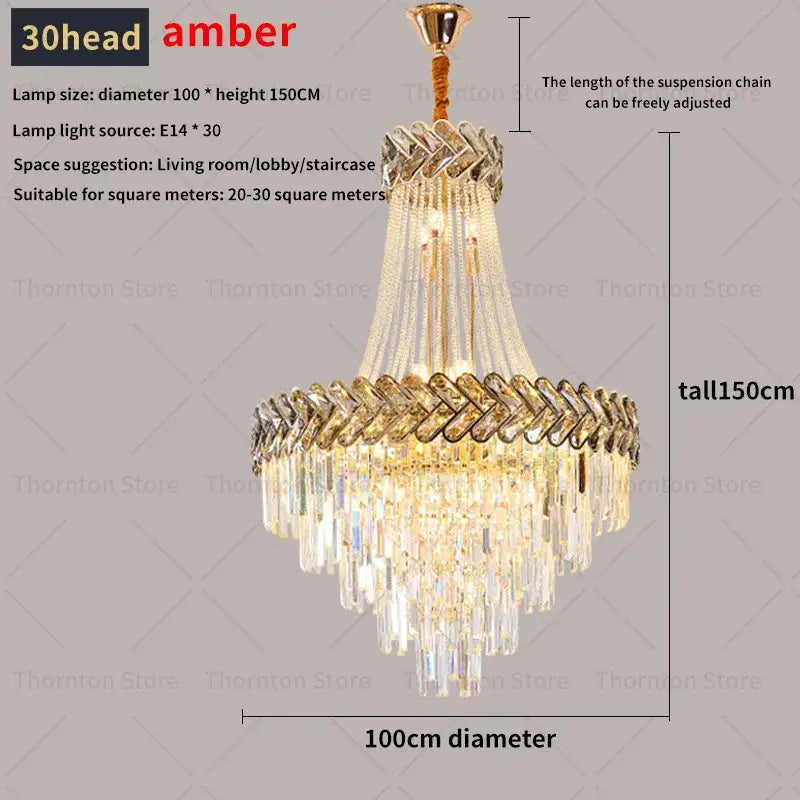 A DecorBites crystal chandelier with 30 amber heads, golden metal frame, and cascading crystal prisms for luxury living rooms