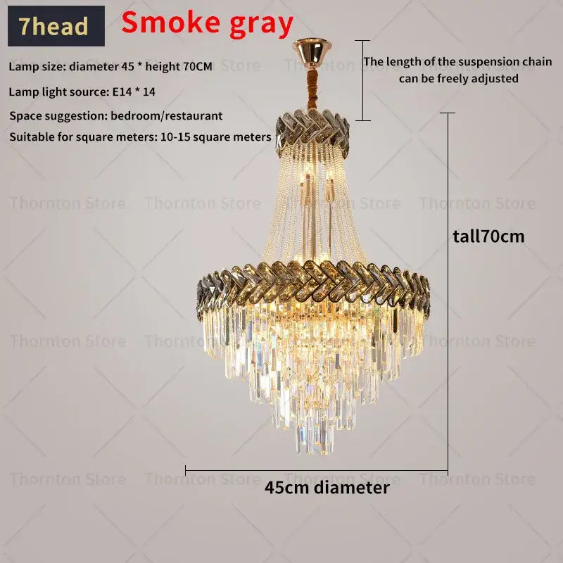 Smoke gray seven-head decorbites crystal chandelier with gold metal accents and clear glass prisms for luxury villa stair light