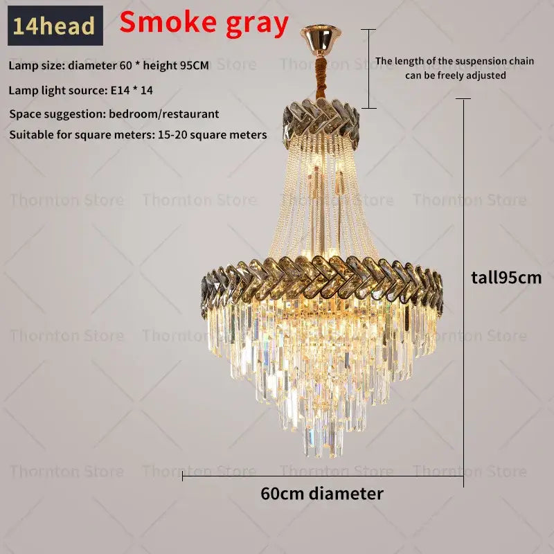 Smoke gray 14-head decorbites crystal chandelier with gold-toned frame and cascading prisms for luxury living rooms