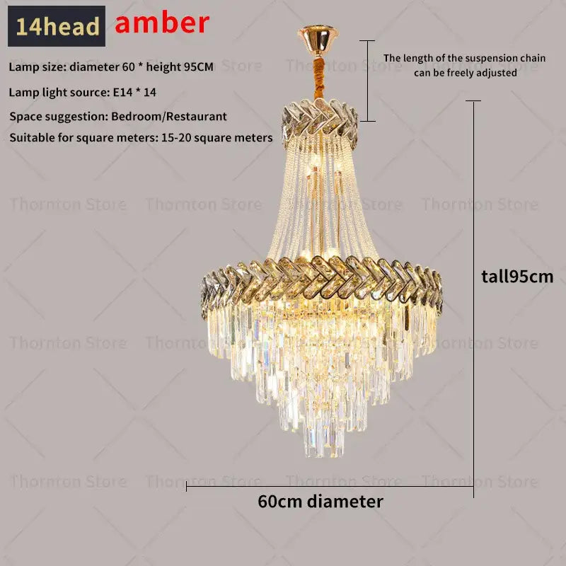 DecorBites crystal chandelier with 14 amber heads, golden metal frame, and crystal prisms for luxury villa lighting