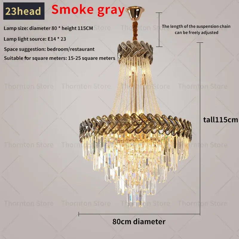 Smoke gray decorbites crystal chandelier with gold metal frame and clear glass prisms for luxury duplex villa stair lighting
