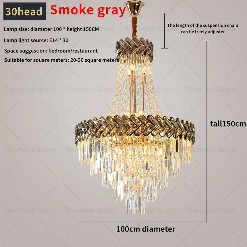Smoke gray 30-head decorbites crystal chandelier with crystal droplets and braided metallic accents for luxury villa stair light