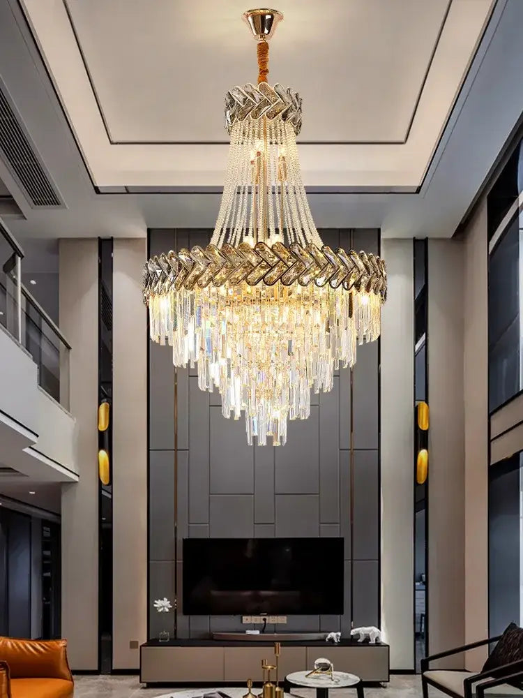 Decorbites crystal chandelier with gold frame and clear glass prisms for modern european villa stair lighting