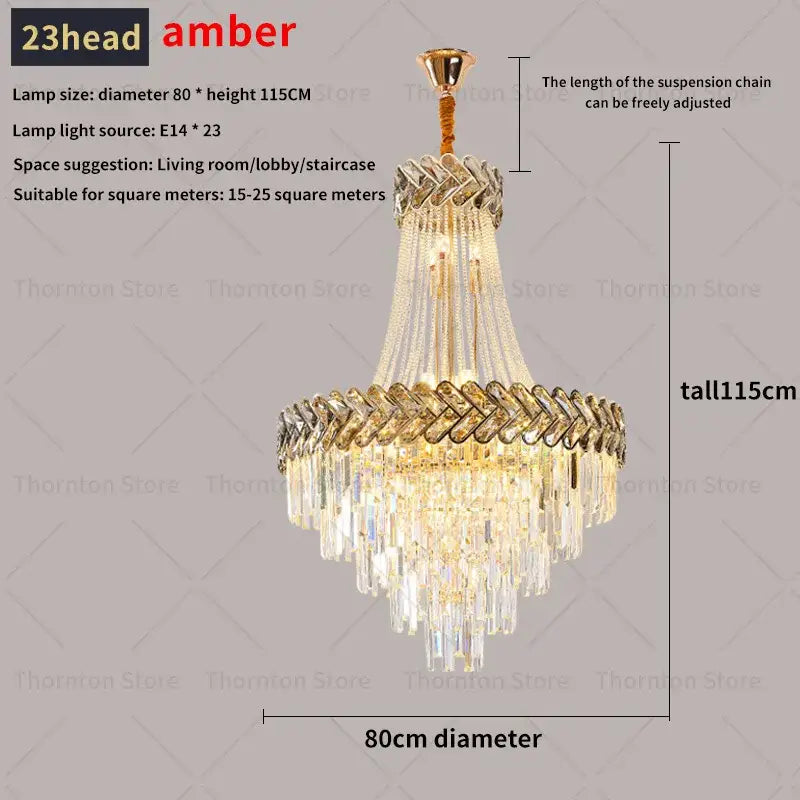 Decorbites crystal chandelier with 23 amber heads, golden metal frame, and cascading crystal prisms for luxury living rooms