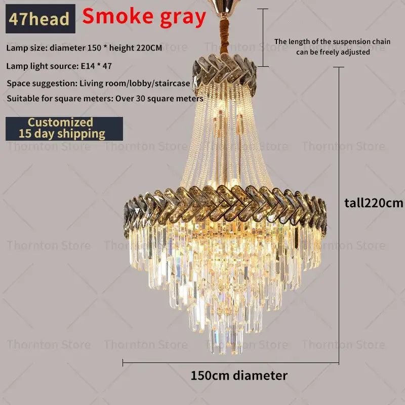 Elegant smoke gray decorbites crystal chandelier with 47 prisms and gold metalwork for modern duplex villa stair lighting