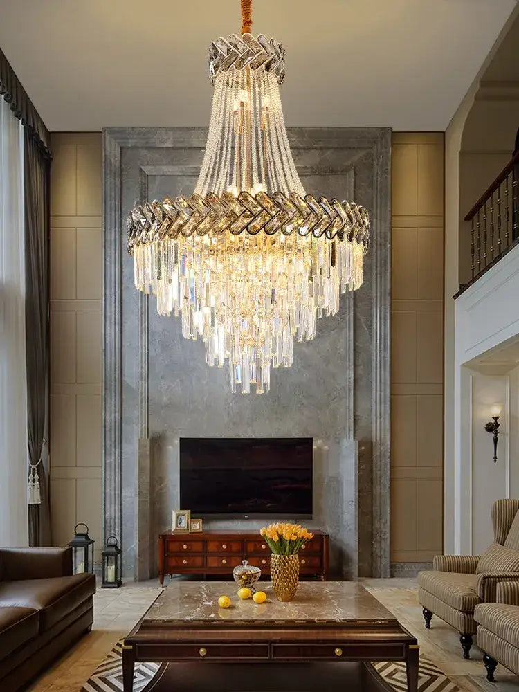 A decorbites crystal chandelier with braided metallic frame and clear glass prisms for luxury modern villa lighting