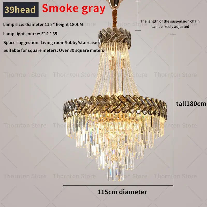 A luxurious smoke gray decorbites crystal chandelier with 39 heads and cascading crystal prisms for modern villa living rooms