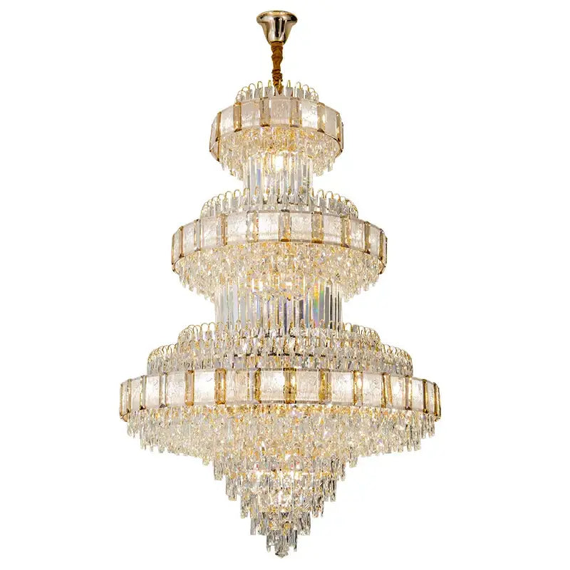 A multi-tiered decorbites crystal chandelier with cascading clear and gold-toned glass for loft villa staircase lighting