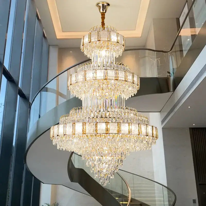 DecorBites crystal chandelier with gold-toned metal and clear crystals for modern European loft villa staircase lighting