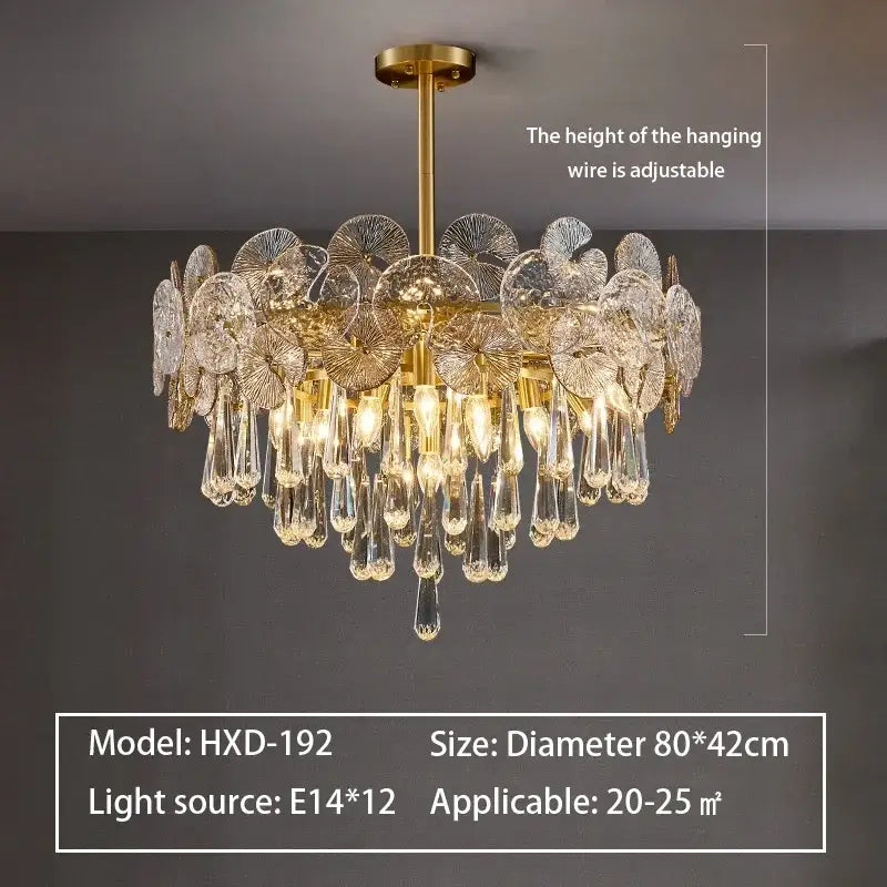 Gold-finished decorbites crystal chandelier with clear fan-shaped glass discs and dangling crystal teardrops for living room