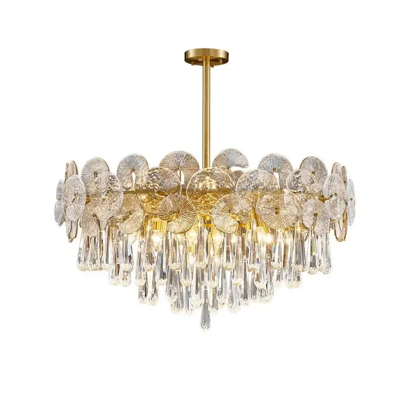 Gold-finished decorbites crystal chandelier with clear fan-shaped glass discs and dangling teardrop crystals for living room