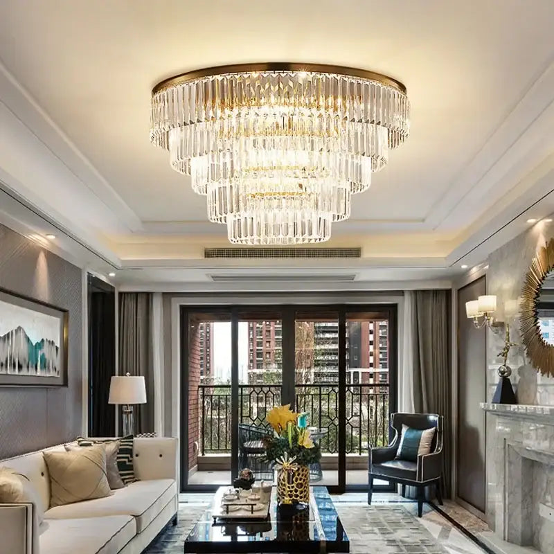 Decorbites crystal chandelier with a gold-toned frame and clear glass prisms for modern indoor lighting