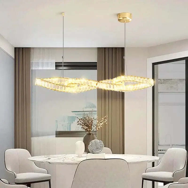 Golden infinity-shaped decorbites crystal chandelier with embedded crystals modern pendant light for dining and living rooms