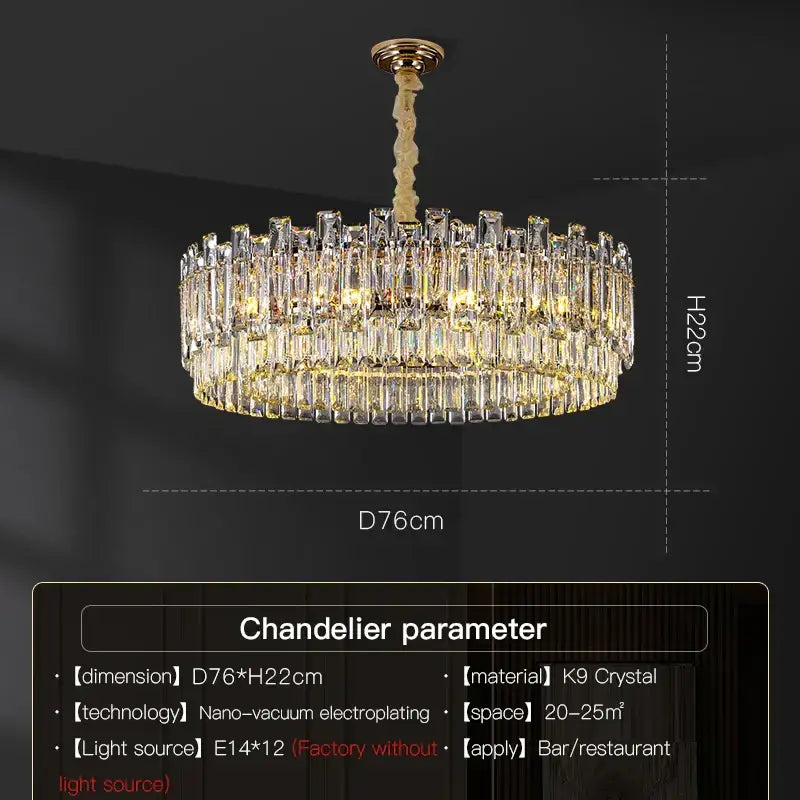 DecorBites crystal chandelier features a two-tiered design with clear k9 crystal rods and a gold-toned metal fixture