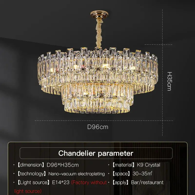 A decorbites crystal chandelier featuring a two-tiered circular design with clear k9 crystal prisms and gold-toned fixture