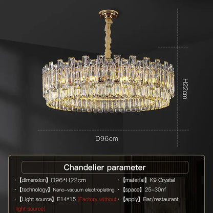 A luxurious gold-toned decorbites crystal chandelier with cascading k9 crystal prisms for living dining and bedrooms
