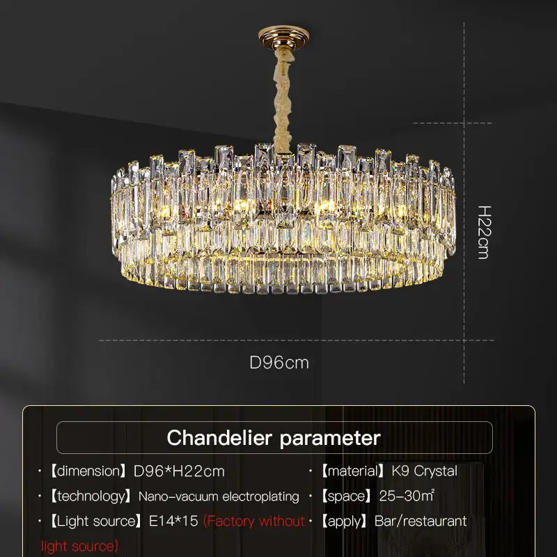 A luxurious gold-toned decorbites crystal chandelier with cascading k9 crystal prisms for living dining and bedrooms