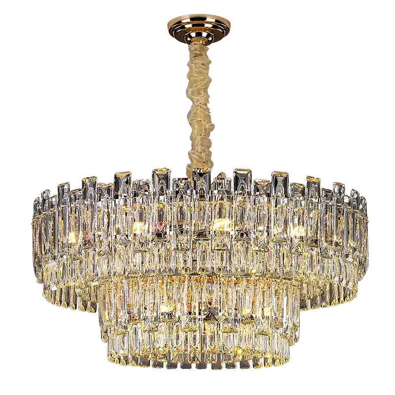 Decorbites crystal chandelier with multi-tiered clear glass prisms and gold-toned metal mount for luxury interiors
