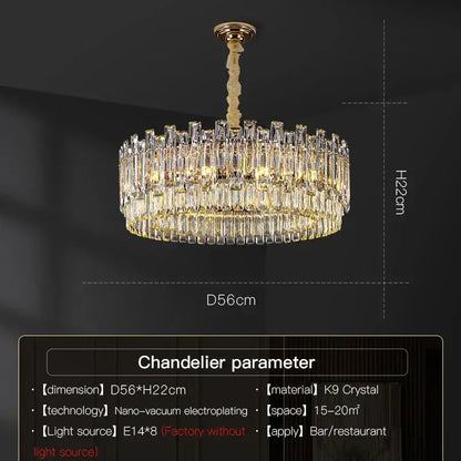 A luxurious gold-toned DecorBites crystal chandelier with cascading clear k9 crystal prisms for high-end living spaces