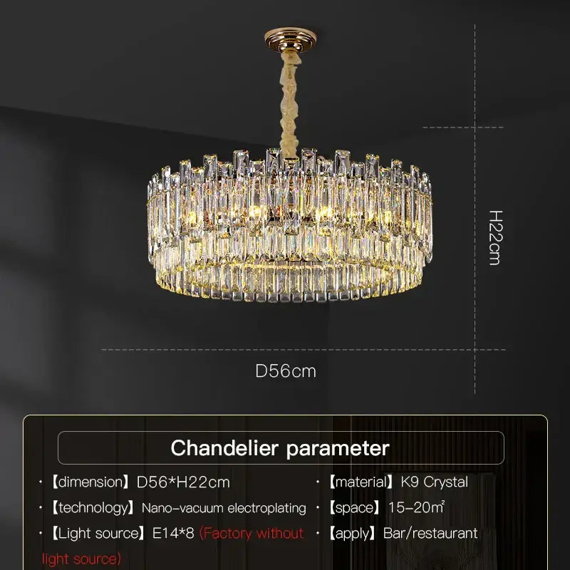 A luxurious gold-toned DecorBites crystal chandelier with cascading clear k9 crystal prisms for high-end living spaces