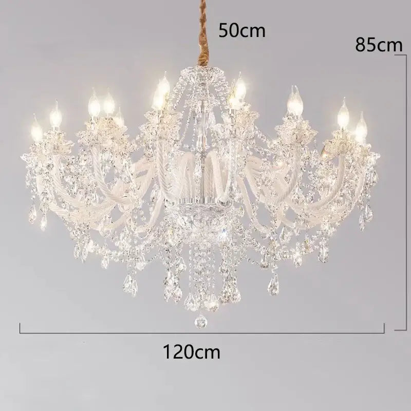 Decorbites crystal chandelier with intricate arms and teardrop crystals featuring a white fabric accent for living room lighting