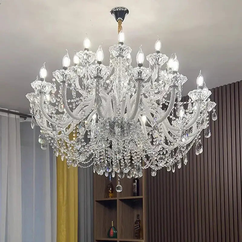 A sparkling decorbites crystal chandelier with intricate cascading arms and crystal beads for living and dining rooms