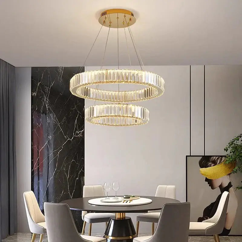 Gold-toned double-ring crystal chandelier with clear accents by DecorBites crystal chandelier for modern home and dining room lighting