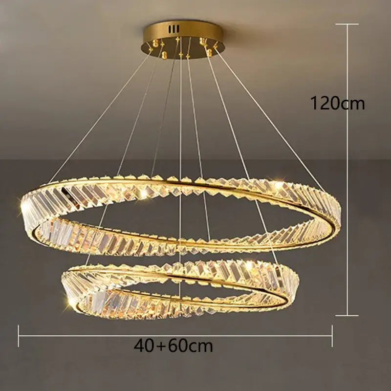 Gold-toned decorbites crystal chandelier with double-ring design and crystal accents for modern living and dining rooms