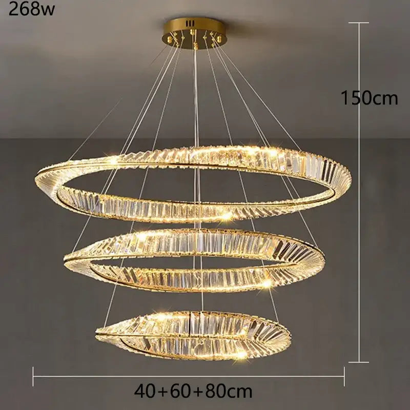 Gold-toned decorbites crystal chandelier with three concentric rings and faceted crystal accents for living room lighting