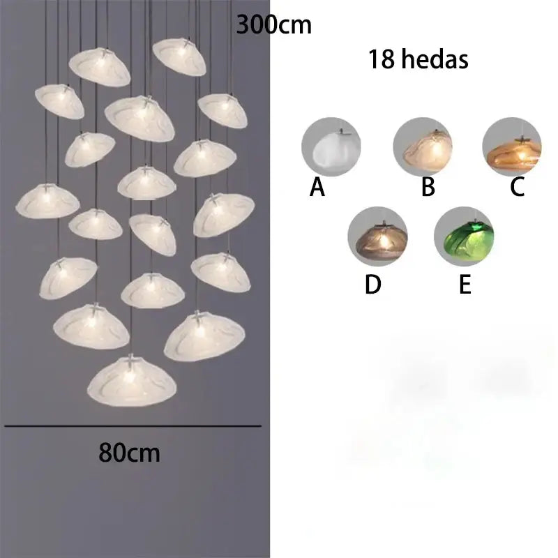 A modern 300cm decorbites crystal chandelier with 18 shell-shaped white translucent lights in multiple finishes