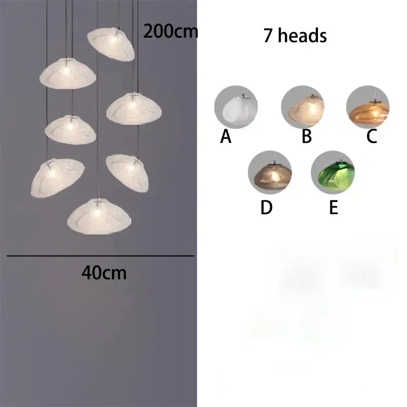 A decorbites crystal chandelier with seven translucent white shell-shaped lights for modern living room lighting