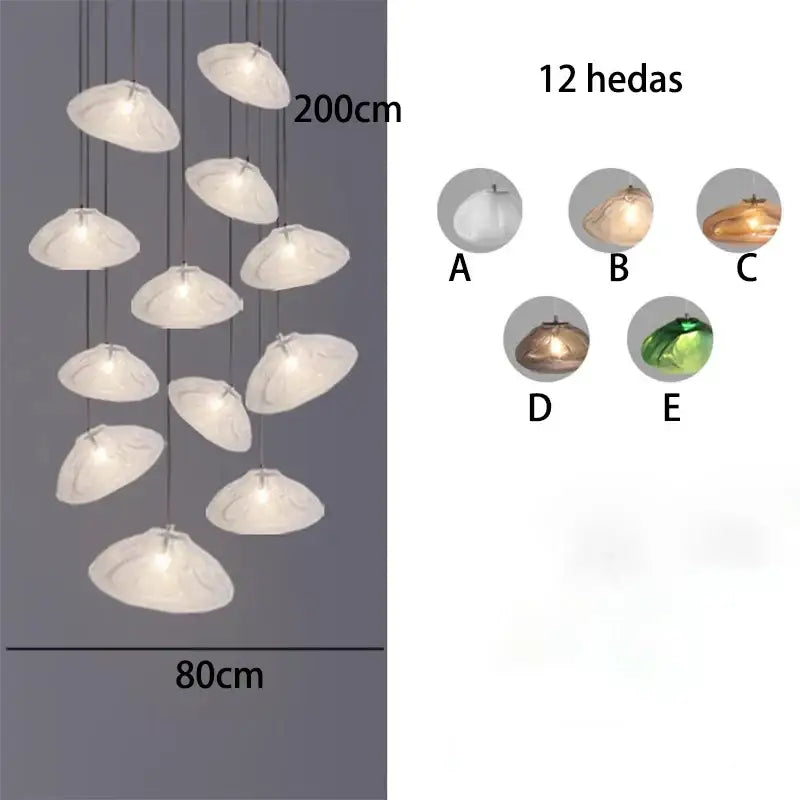 A modern 200cm tall decorbites crystal chandelier with twelve white shell-shaped pendants for living room lighting
