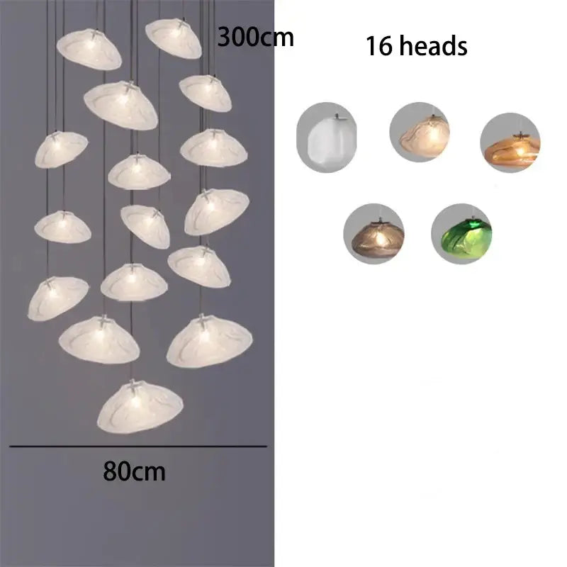 A modern 300cm decorbites crystal chandelier with sixteen white shell-shaped light heads for living room lighting