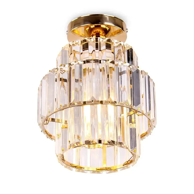 Decorbites crystal chandelier with gold metal accents and clear glass prisms for modern living room and hotel lobby lighting