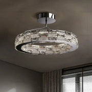 DecorBites crystal chandelier with clear faceted crystal bricks and chrome frame for modern bedroom or living room lighting