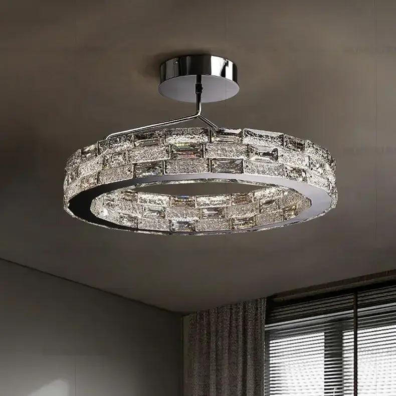 DecorBites crystal chandelier with clear faceted crystal bricks and chrome frame for modern bedroom or living room lighting