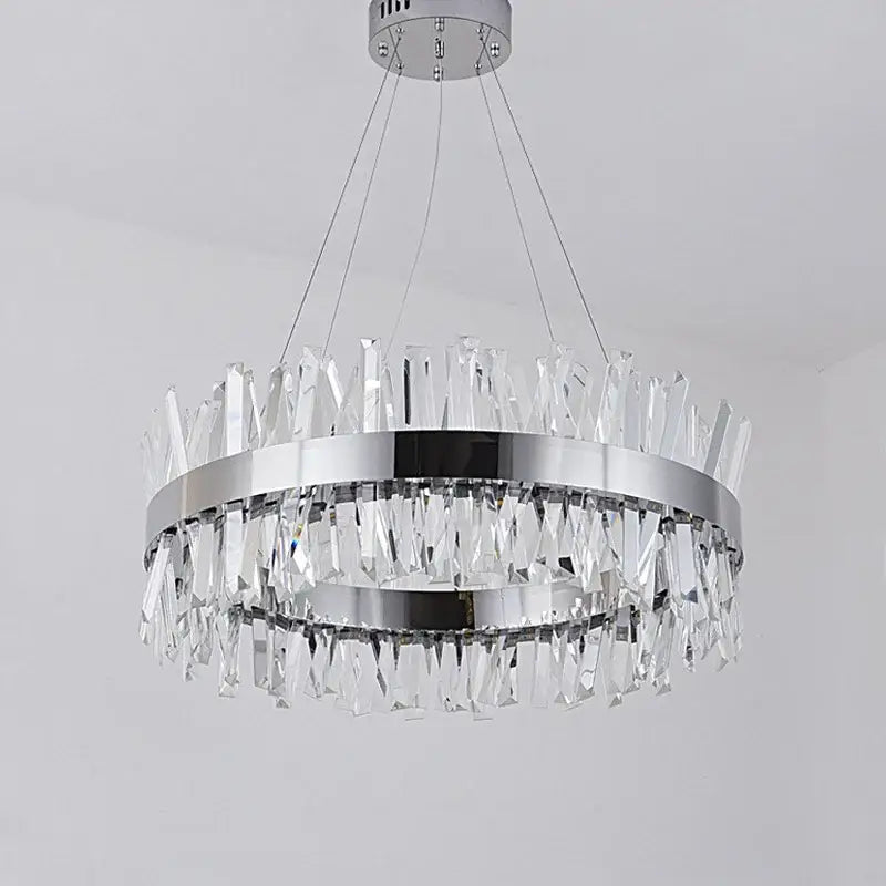 Modern chrome finished decorbites crystal chandelier with cascading clear crystal prisms for living room lighting