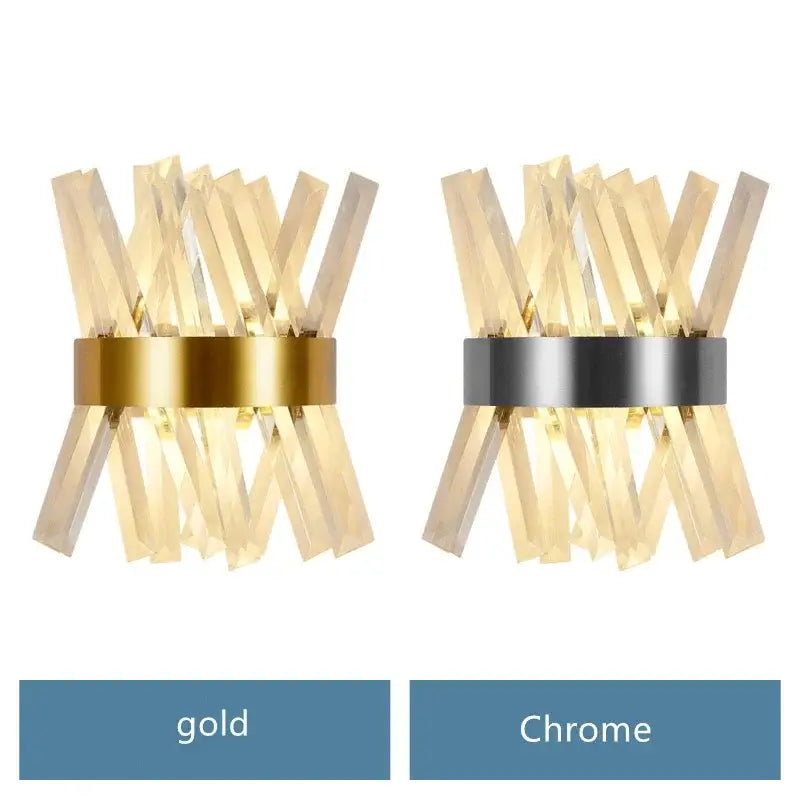 Modern wall sconce with crystal rods and central metallic band in gold or chrome by decorbites crystal chandelier