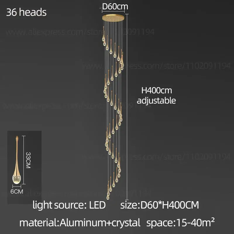 Gold-toned decorbites crystal chandelier with 36 teardrop crystal pendants and aluminum ceiling mount for living room use