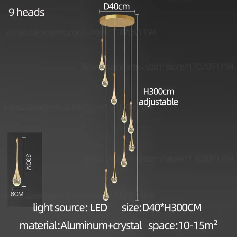 Gold-toned decorbites crystal chandelier with nine teardrop crystal pendants and aluminum base for modern interiors