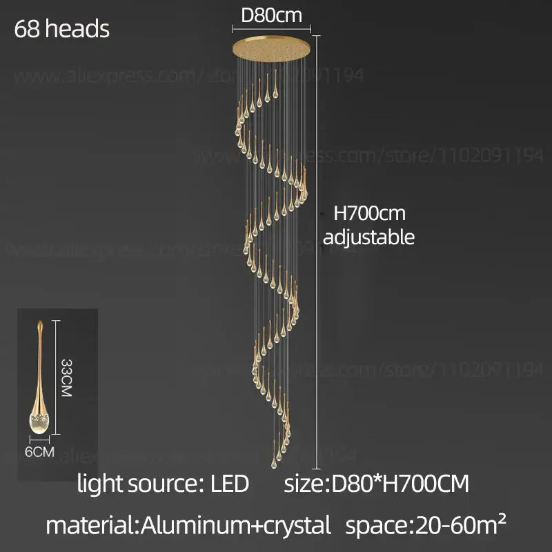 Gold-toned decorbites crystal chandelier with 68 crystal teardrop pendants on aluminum base for living room and villa