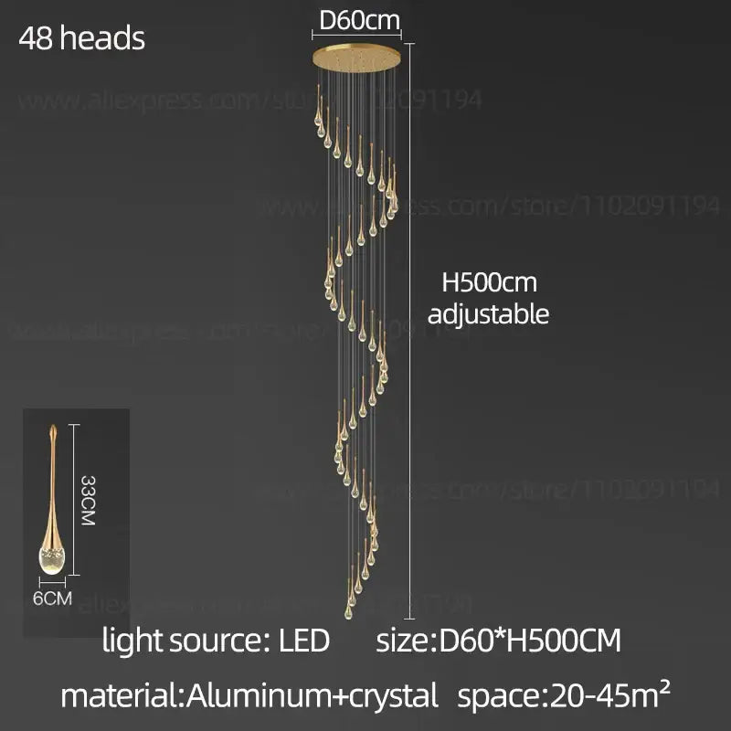 Decorbites crystal chandelier with 48 adjustable teardrop led lights and gold aluminum base for modern interiors