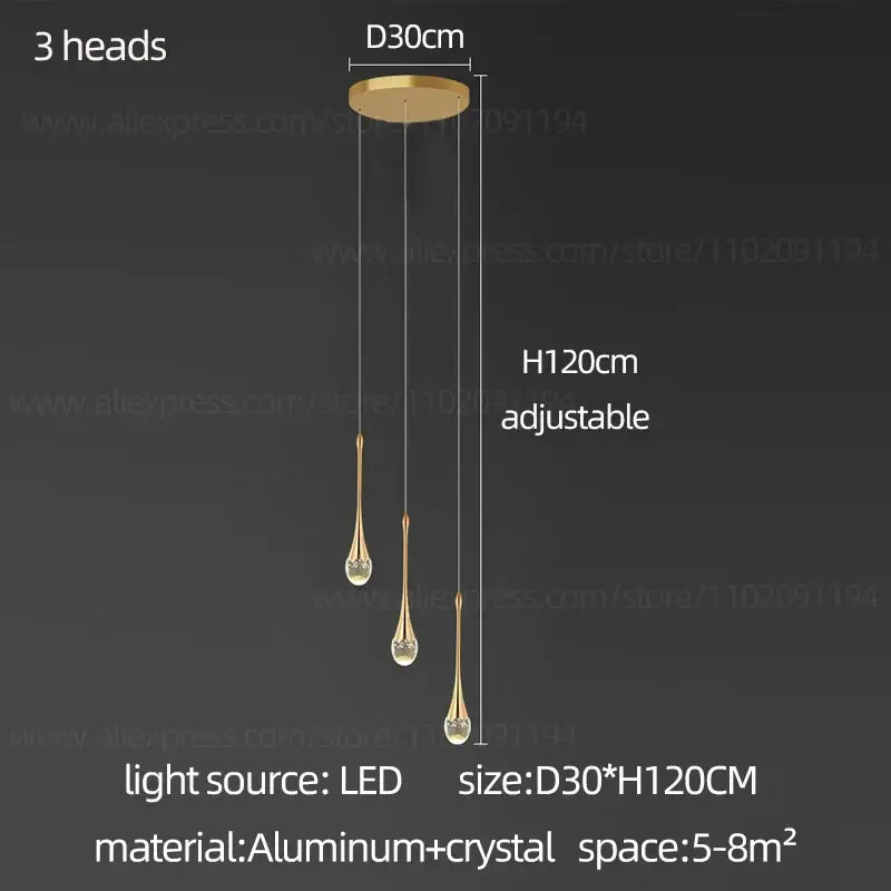 Gold-toned decorbites crystal chandelier with three slender aluminum arms and crystal droplet shades for modern living rooms