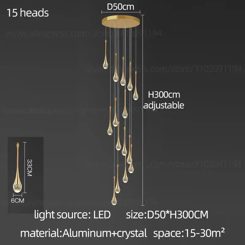 Gold-toned decorbites crystal chandelier with 15 teardrop crystal pendants on aluminum base for living room and staircase