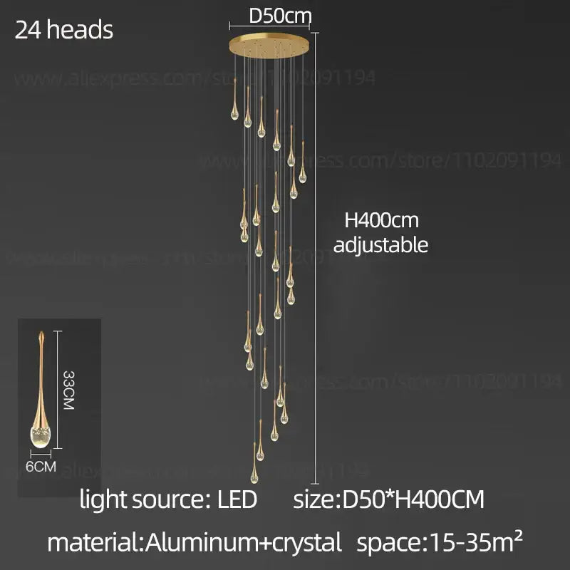 Decorbites crystal chandelier gold-toned with 24 teardrop crystal pendants on aluminum mount for modern interiors